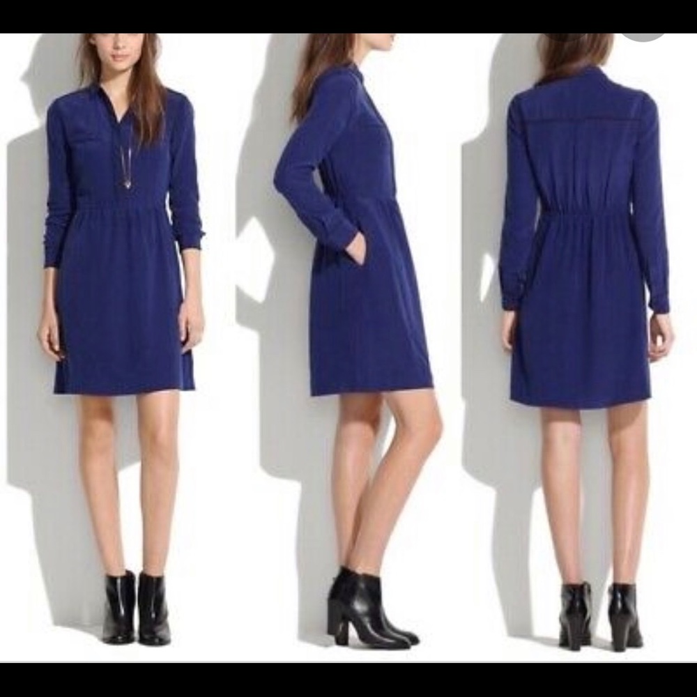 Madewell silk cinema dress in navy blue